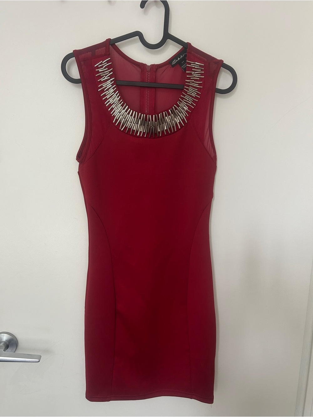 Seductions Red Metallic Beaded Neck Sheer Mesh Bodycon Party Dress / Size Small